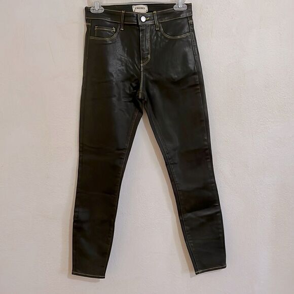 L’Agence Army Green With Gold Trim Coated High Rise Skinny Jeans Size 25 - Picture 1 of 4